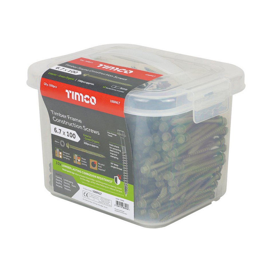 Timber Frame Construction and Landscaping Hex Screw Exterior 6.7 x 100mm Green Tub of 300