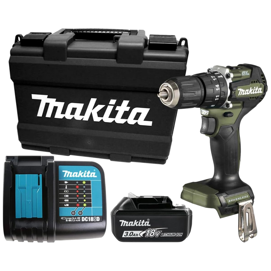 Makita DHP487FX3O 18v LXT Brushless Combi Drill Olive Green 1 x 3Ah Battery Plus Extra 3Ah Battery